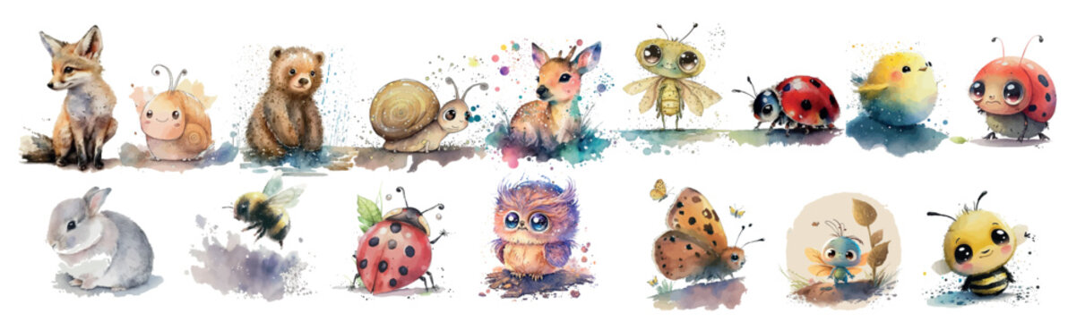 Adorable Watercolor Collection of Forest and Garden Animals and Insects, Perfect for Children’s Book Illustrations, Wall Art, or Educational