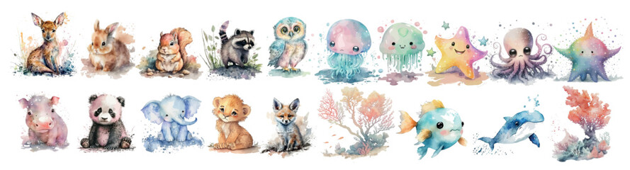 Watercolor Collection of Cute Animals and Sea Creatures, Artistic Illustrations for Children’s Books, Decor