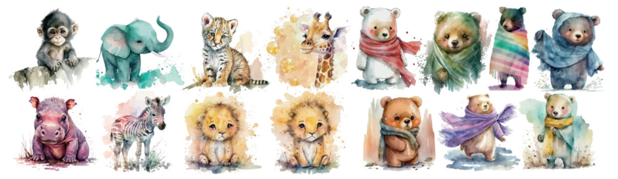 Adorable Watercolor Illustration Set of Baby Animals Wrapped in Colorful Scarves, Perfect for Children’s Books, Decor