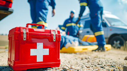 Emergency responders tend to an individual by an ambulance, with a prominent first aid kit in the foreground.
