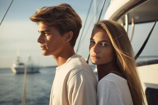 Back view photo of beautiful young couple on romantic vacation luxury yacht in open sea generative ai