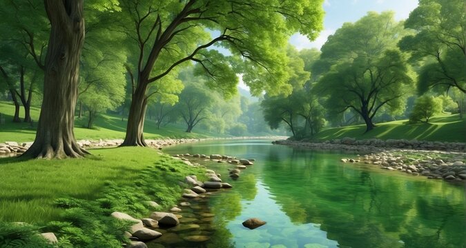 Craft a visually immersive image of a greenery scenery along a winding riverbank, showcasing realistic reflections on the water's surface, the varied shades of green in the surrounding -Ai Generative