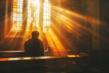 Ein Mann betet in einer Kirche und warmes Licht fällt durch das Kirchenfenster  - obrazy, fototapety, plakaty