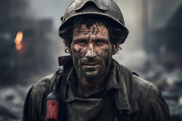 Naklejka premium AI generated image photo of a professional rescuer against ruined city damaged buildings background