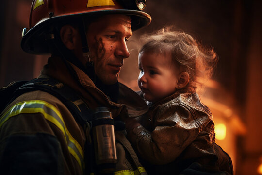 Generative AI photo of a professional firefighter saving small child from burning buildings
