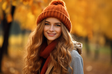 Portrait of a beautiful gorgeous young woman in autumn forest created with generative AI