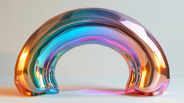 A 3D image of a shiny rainbow made of metal on a white background.