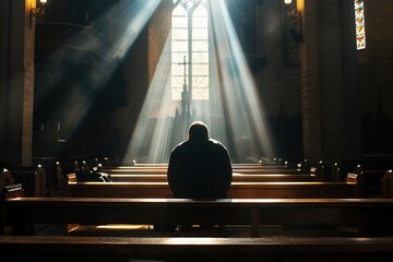 Ein Mann betet in einer Kirche und Lichtstrahlen dringen durch das Fenster - obrazy, fototapety, plakaty
