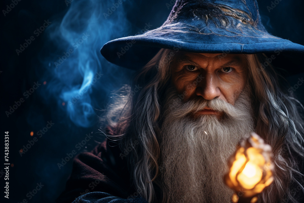 Wall mural digital generative ai collage image of old wise wizard doing spell