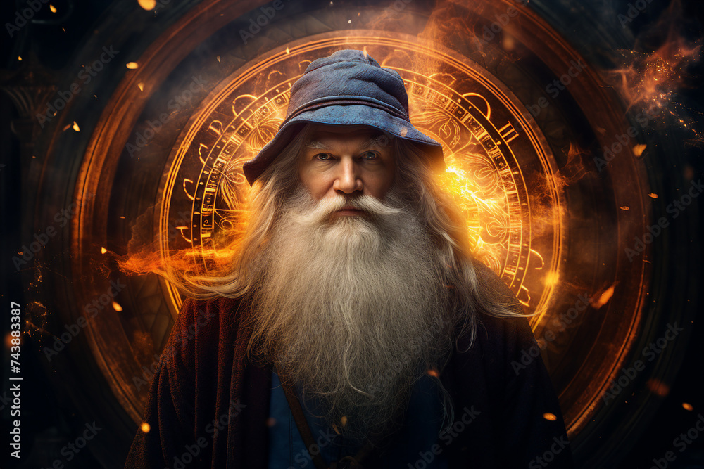 Wall mural digital generative ai collage image of wise wizard doing burning ritual spell