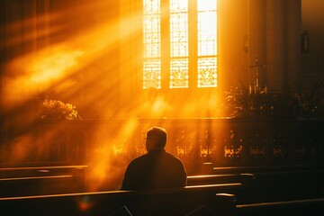 Ein Mann betet in einer Kirche - obrazy, fototapety, plakaty