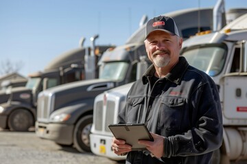 Happy Male trucking fleet manager holding a tablet standing in front of a line of truck trailers - obrazy, fototapety, plakaty