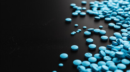 Blue pills are spilled on a black background.