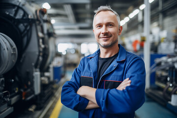 Experienced engineer in industrial uniform at big company enterprise Generative AI illustration