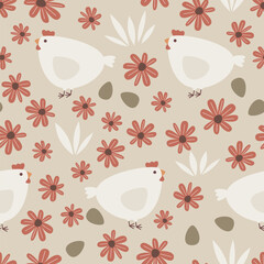 cute cartoon hen and easter eggs in the meadow seamless vector pattern background illustration