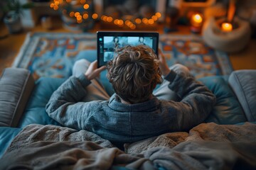 close up view of man spending leisure time relaxing at home, sitting on living room couch having a video call with friend using tablet computer
