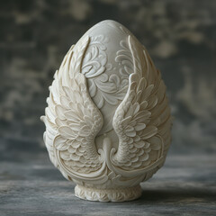 Beautiful carved stone egg art. A beautiful egg carved out of a white stone depicting beautiful angel bird wings and floral pattern.