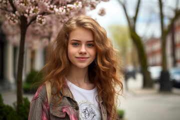 Naklejka premium Creative Generative AI technology picture of happy people surrounded by spring blossom enjoying great day