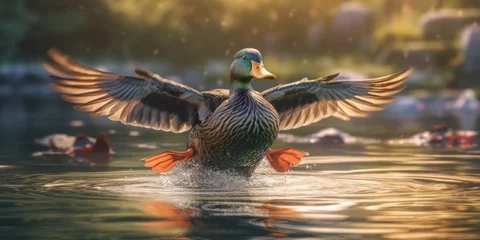 Fototapete Rund A duck with spread wings stands gracefully in the lake water © tino