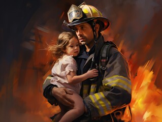 Brave fireman rescuing child from raging house fire with determination and heroism - obrazy, fototapety, plakaty
