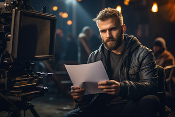 Digital generative ai image collage of guy actor reading screenplay before shooting film