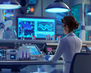A 3D animation depicting a scientist conducting experiments in a high tech medical research facility