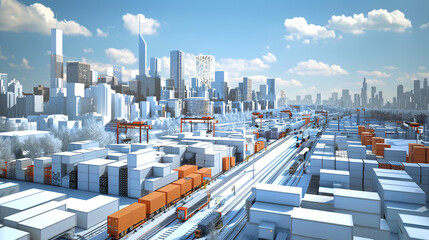 A 3D animated visualization of a complex supply chain seamlessly operating in a bustling urban backdrop background