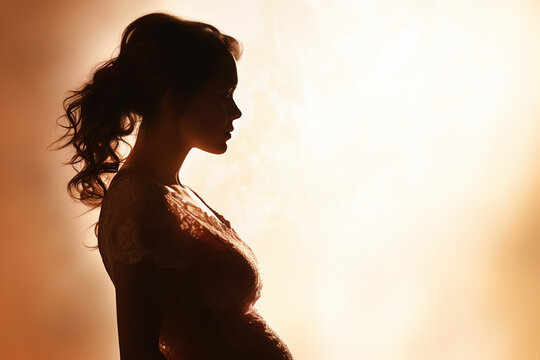 Portrait of stunning lovely woman pregnant girl silhouette on sunset background generative AI