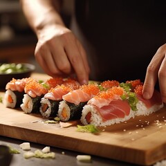 Close-up of chef's hands skillfully preparing delicious sushi rolls