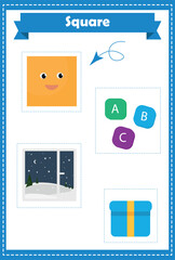 Square. Shapes study page. Preschool or kindergarten worksheet with different Square illustrations. 