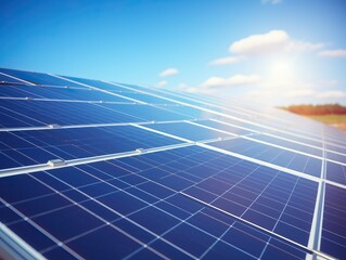 Solar panels glowing in sun's rays against blue sky background