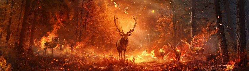 An otherworldly fusion of fire and forest elements with wild animals seamlessly integrated into the mesmerizing backdrop