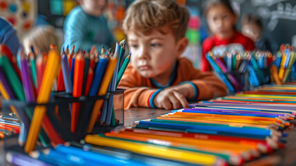 Photo d'enfant  pendant les cours d'arts plastiques dans une classe d'école primaire
