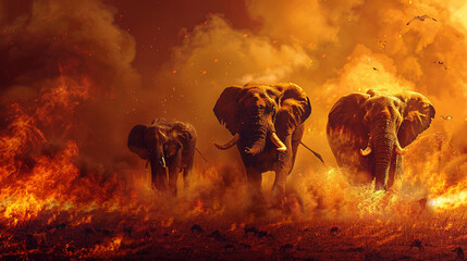 Create a stunning depiction of wild animals amidst a fiery backdrop using AI technology - obrazy, fototapety, plakaty