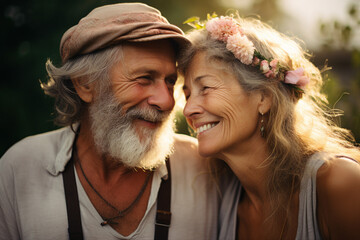 Fototapeta premium Elderly happy couple enjoying life together styling clothes family portrait Generative AI technology picture image