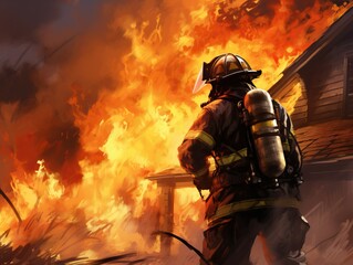 Fototapeta premium Brave firefighter in action putting out house fire with heroic determination