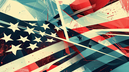 Design an illustration featuring the American flag as a focal point blending traditional and modern elements to create a visually striking composition