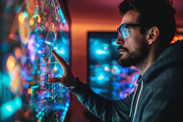 Scientist creating a futuristic Cyblog interface for data visualization