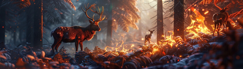 Utilize 3D animation to bring to life a unique scene of wild animals and fire in a mesmerizing way - obrazy, fototapety, plakaty