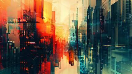 Urban cityscape with a futuristic twist illustrated by a digital artist using bold colors and geometric shapes