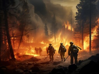 Courageous firefighters fighting forest fire to preserve nature