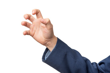 Businessman hand showing paw sign with claws on white background