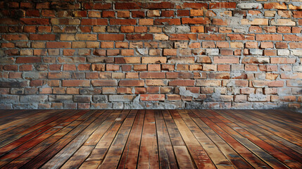 Brick wall with wooden floor in the background space.