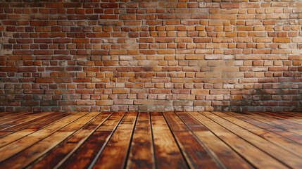 Brick wall with wooden floor in the background space.