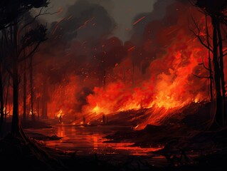 Raging forest fire with bright flames and smoke engulfing the trees - obrazy, fototapety, plakaty