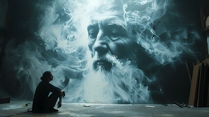 A street artist using a digital projection tool to animate their graffiti, bringing it to life with...