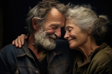 An older man and woman embracing on dark background