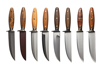 A Varied Set of Knives for Culinary Use. A collection of knives of different types and sizes. The assortment includes chefs knives, paring knives, bread knives, and more.