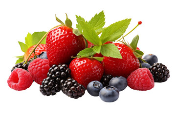 Assorted Berries and Raspberries With Leaves. A collection of ripe red berries and raspberries, each topped with green leaves. The vibrant colors and textures of the fruits and leaves.