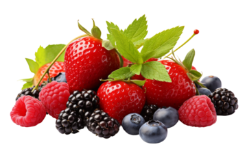 Assorted Berries and Raspberries With Leaves. A collection of ripe red berries and raspberries, each topped with green leaves. The vibrant colors and textures of the fruits and leaves.